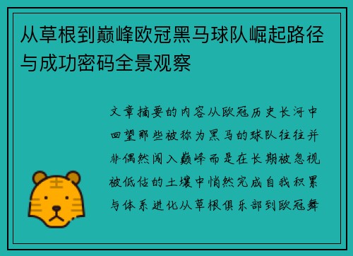从草根到巅峰欧冠黑马球队崛起路径与成功密码全景观察