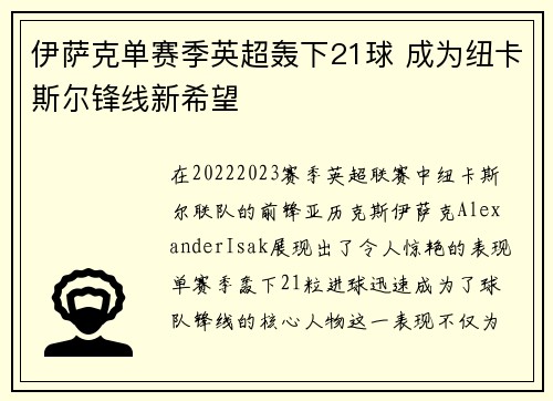 伊萨克单赛季英超轰下21球 成为纽卡斯尔锋线新希望